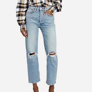 RE/DONE 70s High Rise Stove Pipe Jeans Denim Blue Jeans in Light Destroyed 24